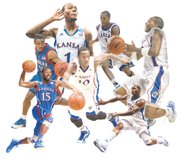 The top points guards in the Bill Self era at Kansas University, as chosen by the Journal-World/KUSports.com staff, are, clockwise from upper left: Naadir Tharpe, Jeff Hawkins, Russell Robinson, Sherron Collins, Elijah Johnson, Aaron MIles and, at center, Tyshawn Taylor.