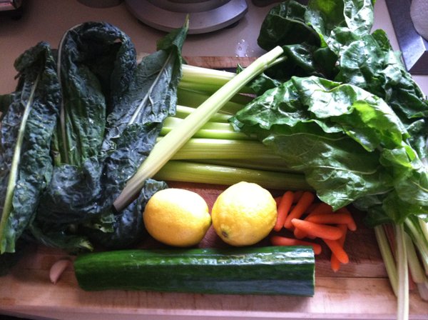 Juicing ingredients, including local swiss chard.
