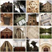 Top row: The Dean James Woods Green memorial statue, Marvin Grove, a stone carving at Dyche Hall, Snow Hall. Second row: The Rock Chalk Cairn, Strong Hall, Stauffer-Flint Hall, Twente Hall. Third row: Spooner Hall, a carving inside the Campanile, The Class of 1914 bench , Potter Lake. Bottom row: The Campanile, Power Plant, Pioneer Statue, Hoch Auditorium.