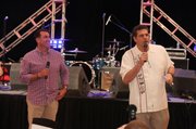 Actor (and KU grad) Rob Riggle, left, and Notre Dame grad/ESPN personality Mike Golic served as co-emcees for a fundraiser for a Hannah & Friends fundraiser on Friday, June 21, 2013, in Mayetta.