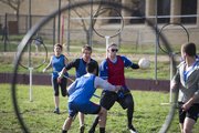 Kansas sophomore Jordan Callison, Holton, tries to evade defenders during a quidditch practice Wednesday, April 24, 2013 behind Robinson Gymnasium on the campus of Kansas University.