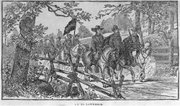 Image courtesy of KansasMemory.org, Kansas State Historical Society. On to Lawrence, by L. Braunhold, circa 1883. This illustration was copied from the book Life and Adventures of the James Boys, by Jay Donald.