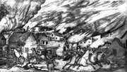 Image courtesy of KansasMemory.org, Kansas State Historical Society. Quantrill's Raid on Lawrence, pencil on wood pulp paper, by Sherman Bronson Enderton, circa 1868-1880. Enderton was a private in Company E, 11th Kansas Volunteer Cavalry, during the Civil War.