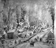 Image courtesy of KansasMemory.org, Kansas State Historical Society. Quantrill's Raid, black and white watercolor on paper, by Lauretta Louise Fox Fisk, circa 1866-1919.