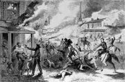Image courtesy of KansasMemory.org, Kansas State Historical Society. "The Lawrence Massacre," black and white illustration of Quantrill&squot;s raid that appeared in the Sept. 5, 1863, issue of Harper&squot;s Weekly magazine. Artist unknown.