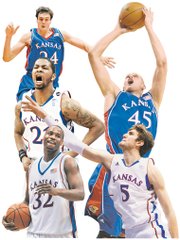 The top centers in the 10-year Bill Self era, as selected by the Journal-World and KUSports.com staffs, are, clockwise from top left: Sasha Kaun, Cole Aldrich, Jeff Withey, Darnell Jackson and Markieff Morris.