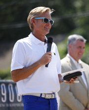 Lawrence developer Doug Compton thanks his business partners involved in the plans for the hotel before the groundbreaking. Nick Krug/Journal-World Photo