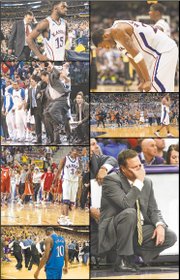 Scenes from some of the worst losses in the Bill Self era (we know it hurts): clockwise from top left, Self and Elijah Johnson (15) after a 2013 NCAA Tournament loss to Michigan; Marcus Morris hanging his head late in a tourney setback to Virginia Commonwealth in 2011; Bucknell players swarming the court after a first-round upset of KU in the 2005 NCAAs; Self unable to watch an unexpected loss at TCU five months ago; Tyshawn Taylor dejected after a regular-season loss at Missouri in 2012; Russell Robinson (3) getting out of the way of celebrating Bradley players after KU’s first-round ouster from the NCAAs in 2006; and Self showing off his vertical in a second-round loss to Northern Iowa in 2010.