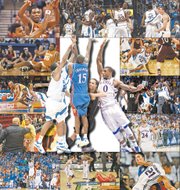 Scenes from some of the top comebacks in the Bill Self era at KU, counter-clockwise from top left: against Kevin Durant and Texas on March 11 (top) and March 3 (when Durant was hurt, below), 2007; versus Georgia Tech on Jan. 1, 2005; an upset ISU fan confronts Self on Feb. 25 of this year, and Ben McLemore (23) banks the tying three on Jan. 9, also against ISU; Thomas Robinson salutes after storming back against Ohio State on March 31, 2012; getting physical against Denis Clemente (21) and K-State on Feb. 14, 2009; Travis Releford lets out a roar against North Carolina on March 24, 2013; Tyshawn Taylor takes flight after a rally past Purdue on March 18, 2012; Mario Chalmers knocked to the deck by Southern Illinois on March 22, 2007; and a whole-team celebration after roaring past Oklahoma on Feb. 4, 2006. At the center are the consensus top comebacks in the Self era: the Mario Chalmers-led rally past Memphis in 2008, left, and Thomas Robinson-keyed comeback over Missouri in 2012.