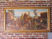 This painting of Quantrill's raid, painted in the 1940s or 1950s by Lawrence resident Paul Penny, now hangs on the Missouri side of the border, in relative David Alburty's office in Drexel.