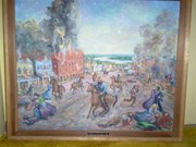 A painting of Quantrill's raid done by former Lawrence resident Addie Underwood Penny, mother of Lawrence artist Paul Penny. This painting now belongs to Addie Penny's granddaughter, April Bruce Stewart.
