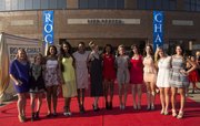 Members of the Kansas University volleyball team pose on the red carpet outside the Lied Center Sunday before the Rock Chalk Choice Awards.