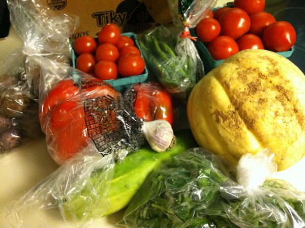Two kinds of tomatoes, garlic, green beans, potatoes, basil, cucumbers, bell peppers and cantaloupe.