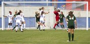 Kansas goal keeper Kaitlyn Stroud pulls down the ball on a Baylor corner kick during their game Sunday at the Jayhawk Soccer Complex.