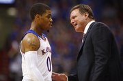 Kansas head coach Bill Self has words with freshman guard Frank Mason during the second half of an exhibition game on Tuesday, Oct. 29, 2013 at Allen Fieldhouse.