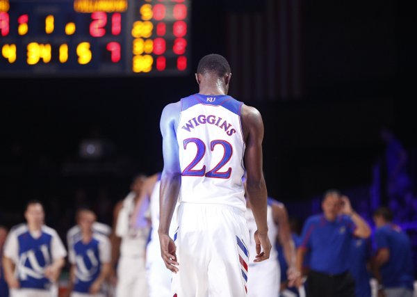 Kansas guard Andrew Wiggins hangs his head while heading to the bench after a string of Jayhawk turnovers against Villanova during the first half on Friday, Nov. 29, 2013 in Paradise Island, Bahamas.