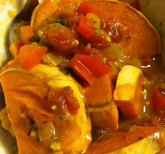 Curry over sweet potatoes? Sounds weird, tastes amazing.