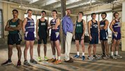 The 2013 Boys All-Area Cross Country team, from left: Luis Murillo, De Soto; George Letner, Baldwin; Ryan Liston, Free State; Dakota Helm, Baldwin; coach Mike Spielman, Baldwin; Max Taulbee, De Soto; Derek Meeks, Mill Valley; Jon Miller, Eudora; and Joe Pierce, Baldwin.