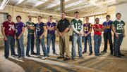 The 2013 Journal-World All-Area Football team, from left: Kyle Wittman, Lawrence; Chad Berg, Baldwin; Zach Bickling, Free State; Micah Clarke, Mill Valley; Colton Stark, Baldwin; coach Michael Berg, Baldwin; player of the year Joe Dineen, Free State; Drew Cerny, McLouth; Cole Holloway, Tonganoxie; Luke Meyer, Wellsville; Keith Loneker, Free State.