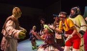 Knute Pittenger, left, as Shrek, and Theatre Lawrence cast members rehearse a scene from “Shrek” on Tuesday at Theatre Lawrence.