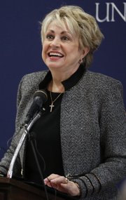 Current Baker president Pat Long talks about her excitement for the University's hiring of Lynne Murray at the Collins House on the Baker campus in December.