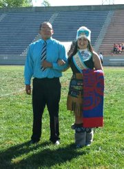 Haskell student Grace Denning, a member of the Tlingit tribe from Alaska, wears traditional regalia during Haskell's homecoming 2013.