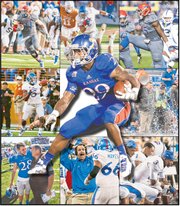 Some of Kansas University football beat writer Matt Tait’s end-of-year award-winners include, clockwise from top left, defensive MVP Ben Heeney; offensive rookie Darrian Miller; most improved Michael Reynolds; coach Charlie Weis getting doused after game of the year (KU 31, West Virginia 19); Jayhawks glum after late in the bummer of the year (Rice 23, Kansas 14); assistant John Reagan’s return as feel-good moment; Matthew Wyman (28) celebrating special-teams play of the year with Weis; Isaiah Johnson, defensive rookie; and, at center, offensive MVP (and more) James Sims.