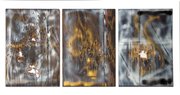 Untitled Triptych (three sheets of plywood), by William S. Burroughs, spray paint and shotgun blasts on plywood, 22 inches x 15 inches each, 1993