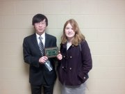 The LHS novice debate team of Sungho Hwang, left, and Bridget Smith placed second this weekend at the Sunflower Novice State Championships at Washburn Rural High School in Topeka.