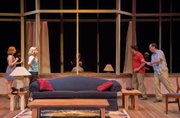From left, Actors Alice Dale, Erica Fox, Dustin Chase and Brian Williams open the second act of the Theatre Lawrence production of “Wrong Window” during a dress rehearsal Tuesday. The play, a spoof of Hitchcock movies, opens Friday and runs through Jan. 26.