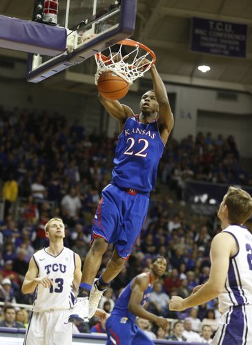 Kansas guard Andrew Wiggins delivers on a lob dunk against TCU during the first half on Saturday, Jan. 25, 2014 at Daniel-Meyer Coliseum in Fort Worth, Texas.