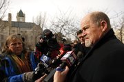 Carl Cornwell, attorney for Sarah B. Gonzales McLinn, talks with media members following a Monday preliminary proceeding for McLinn outside the Douglas County Judicial and Law Enforcement Center in Lawrence.