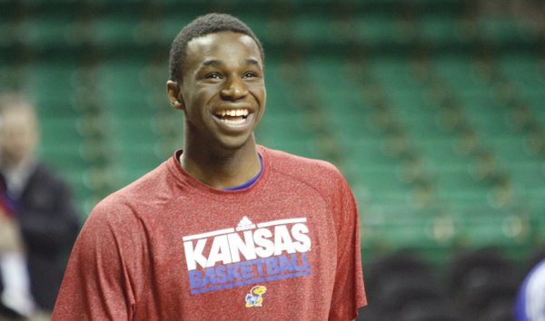 Kansas guard Andrew Wiggins laughs with teammates during a shoot around before the start of the Jayhawks game against Baylor Tuesday, Feb. 4, 2014 at Ferrell Center in Waco, Texas...