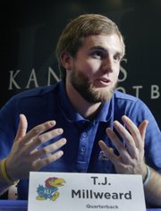 Kansas University quarterback transfer T.J. Millweard speaks to the media on Wednesday, Feb. 12, 2014, at the Anderson Family Football Complex.