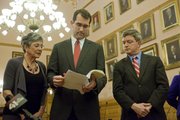 In press conference Friday, from left Senator Susan Wagle, President of the Senate and Attorney General Derek Schmidt and Jeff King, Senate Vice President, look through the Kansas Supreme Court's ruling. The lawsuit asserted lack of adequate funding for education in the state was unconstitutional.