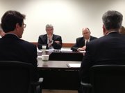 Kansas Board of Regents Chairman Fred Logan and Vice Chairman Kenny Wilk on Wednesday discuss the social media policy with members of a work group. The board members were meeting as the Governance Committee, which will forward proposed revisions to the full regents next month.