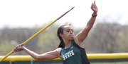 Free State's Alexa Harmon-Thomas throws the Javelin during a track meet Friday, April 25, 2014, at FSHS.