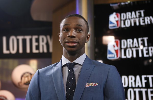 Top NBA draft prospect Andrew Wiggins of Kansas prepares for an interview during the NBA draft lottery in New York, Tuesday, May 20, 2014.