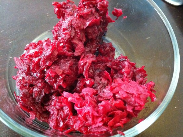 They sort of look like ground hamburger in this pic, but these Quick Grated Beets are delicious.
