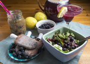 Blueberry-Mango Pops and Smoothie, at left, and Jamberry Summer Brew and Blueberry Summer Dinner Salad with Blueberry Basil Balsamic Vinaigrette