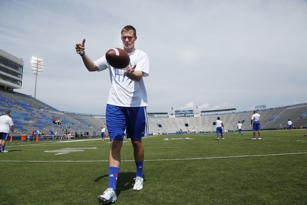 KU place kicker Trevor Pardula, warms up before kickoff as KU hosted Central Michigan on Saturday September 20, 2014 at Memorial Stadium.