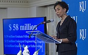 Kansas University chancellor Bernadette Gray-Little announces a $58 million gift from the estate of two late KU alumni, Madison 'Al' and Lila Self. The gift will go toward scholarships and fellowships for students in science, technology, engineering, mathematics, business and economics. The donation brings the Selfs' donations to a total of $106 million, the most in university history.