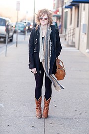 Clothing details: Boots, Wild Man Vintage, don’t remember price; earrings from a local artist at Wild Mint Jewelry; scarf, gift from friend; black shirt, thrift store; simple dress that I wear every day, gift from friend; coat, $80; leather bag and glasses, Wild Man Vintage; rings, Haskell Indian Market and Blackbird Trading Post.