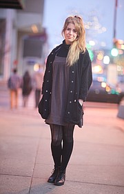Clothing details: Shoes, $4.99, Salvation Army; knee-highs, gift from grandmother; stockings, $5, Target; dress, $3, Salvation Army; turtleneck, $5, Salvation Army; Dockers jacket, $12, Arizona Trading Co.