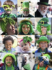 Pictured is a collage of images of attendees from Tuesday’s downtown Lawrence St. Patrick’s Day Parade. Top row, from left, are Mason Kane, 11, Eudora, Mike Beerbower, Emporia, and Kevin Griffin, Lecompton. Second row, from left, are Renee Gallagher, Topeka, Shummer Roddick, DeSoto, and Kindred Curry, 13, Lawrence. Third row, from left, are Amare Dawit, 3, Lawrence, Sophia Saline, 11 months, Lawrence, and Preston Warbritton, 7, Oskaloosa. Bottom row, from left, are Dre Veloz, 5, Holton, Baxter, a Pointer mix, and Melissa Jolley, McLouth.