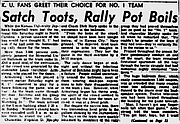 Headline and story from the front page of the March 25, 1957, Lawrence Daily Journal-World on Louis Armstrong's performance at a Kansas University pep rally following the men's baskteball team's loss in the national championship game on March 23.