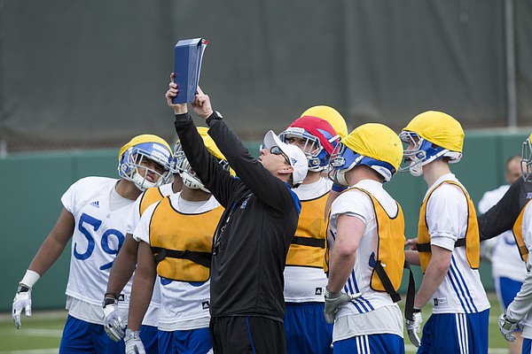 KU football coach David Beaty instructs his players during spring football practice on Thursday, March 26, 2015.