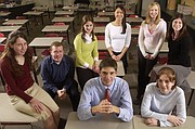 The 2005 Journal-World Academic All-Stars are, clockwise from bottom center, Nat Wells, Lawrence High School; Lynne Stahl, Free State High School; Shawn Turner and Jennifer Harness, Ottawa High School; Flora Jiang, Free State; Chelsey Forge, Oskaloosa High School; Marie Hull, Free State; and Kristin Lynch, Baldwin High School. Not pictured are Emma Willis, Oskaloosa, and Hunter Samuels, Tonganoxie High School.