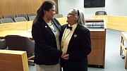 Mattisa (left) and Darla Harrison are pictured at their marriage ceremony March 25, 2015, at the Douglas County Courthouse. They believe they are the first American Indian couple to legally wed here. Darla is Lakota Sioux and Cheyenne and Arapaho, and Mattisa is Navajo.
