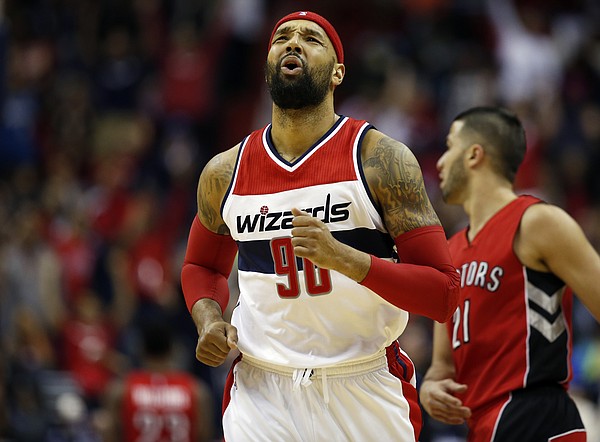 Washington Wizards forward Drew Gooden (90) reacts after a play in the first half of Game 4 of the Eastern Conference semifinal NBA basketball playoff series against the Toronto Raptors, Sunday, April 26, 2015, in Washington. (AP Photo/Alex Brandon)
